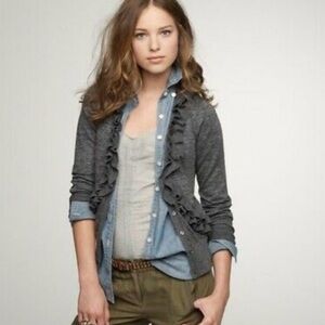 J Crew Gray Ruffle V Neck Traversa Cardigan Sweater Sz M 7% Merino Wool